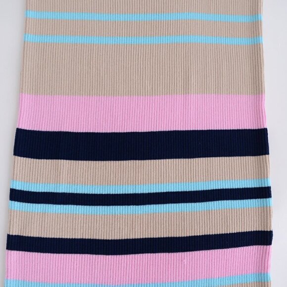 All Row Beige with Navy & Pink Stripe Bodycon Midi Short Sleeve Dress Medium - Picture 9 of 15